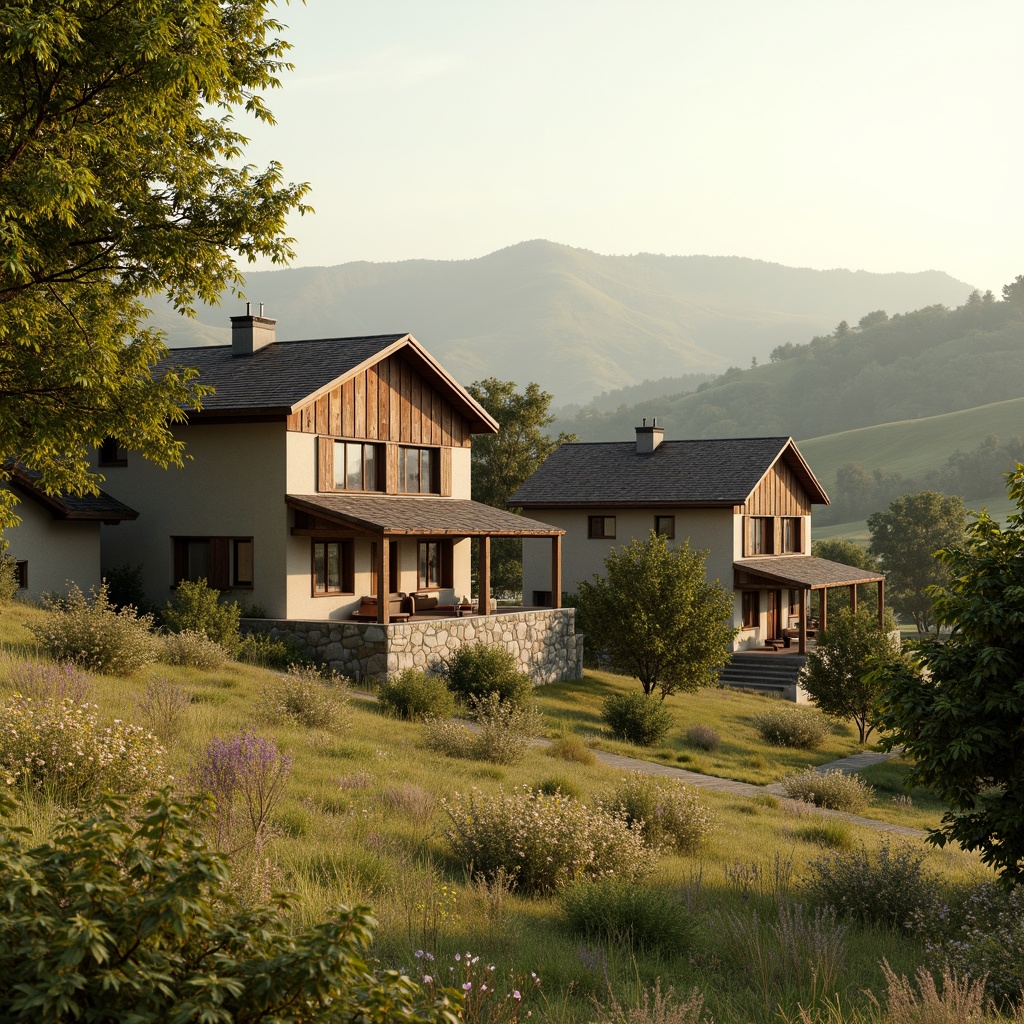 Prompt: Rustic rural landscape, rolling hills, wooden farmhouses, earthy tones, warm beige, soft sage, muted terracotta, weathered wood accents, natural stone foundations, pitched roofs, dormer windows, cozy porches, lush greenery, blooming wildflowers, sunny afternoon, gentle warm lighting, shallow depth of field, 1/2 composition, realistic textures, ambient occlusion.