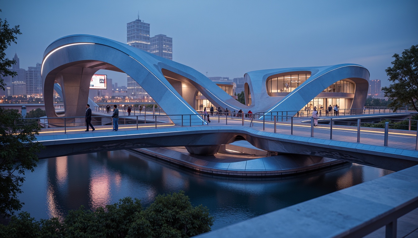 Prompt: Futuristic bridge design, metallic structures, iridescent materials, reflective surfaces, neon-lit accents, glowing lines, sleek curves, minimalist railings, modern urban landscape, cityscape at dusk, vibrant nightlife, misty atmosphere, shallow depth of field, 3/4 composition, panoramic view, realistic textures, ambient occlusion.