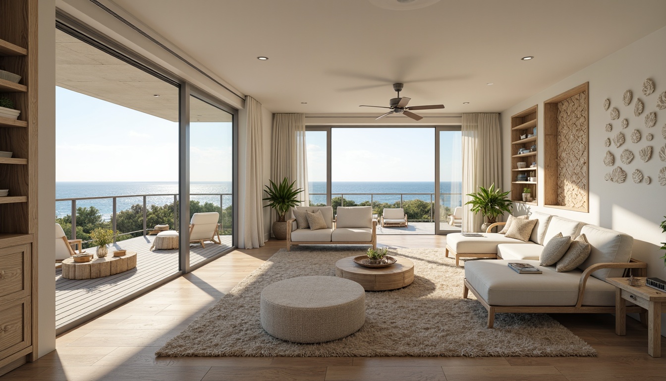 Prompt: Coastal living room, ocean-inspired color palette, driftwood accents, natural textiles, woven sea grass furniture, coral-patterned rugs, shell-adorned decorative walls, floor-to-ceiling windows, sliding glass doors, panoramic ocean views, soft warm lighting, beachy ambiance, minimalist decor, nautical-themed accessories, distressed wood flooring, plush sectional sofas, built-in shelving units, tropical plants, calming atmosphere, 1/1 composition, realistic reflections, ambient occlusion.