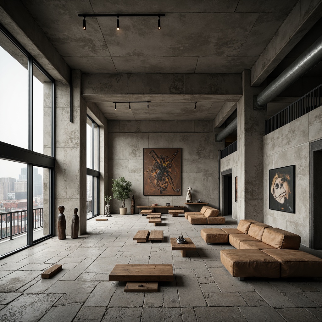 Prompt: Exposed concrete walls, rugged stone floors, industrial metal beams, raw wooden accents, minimalist decor, brutalist architectural style, urban loft atmosphere, high ceilings, large windows, natural light, cityscape views, functional simplicity, monochromatic color scheme, distressed textures, rough-hewn wood furniture, steel lighting fixtures, industrial-style pipes, concrete columns, brutalist-inspired sculptures, abstract artwork, moody ambient lighting, shallow depth of field, 2/3 composition, cinematic framing.