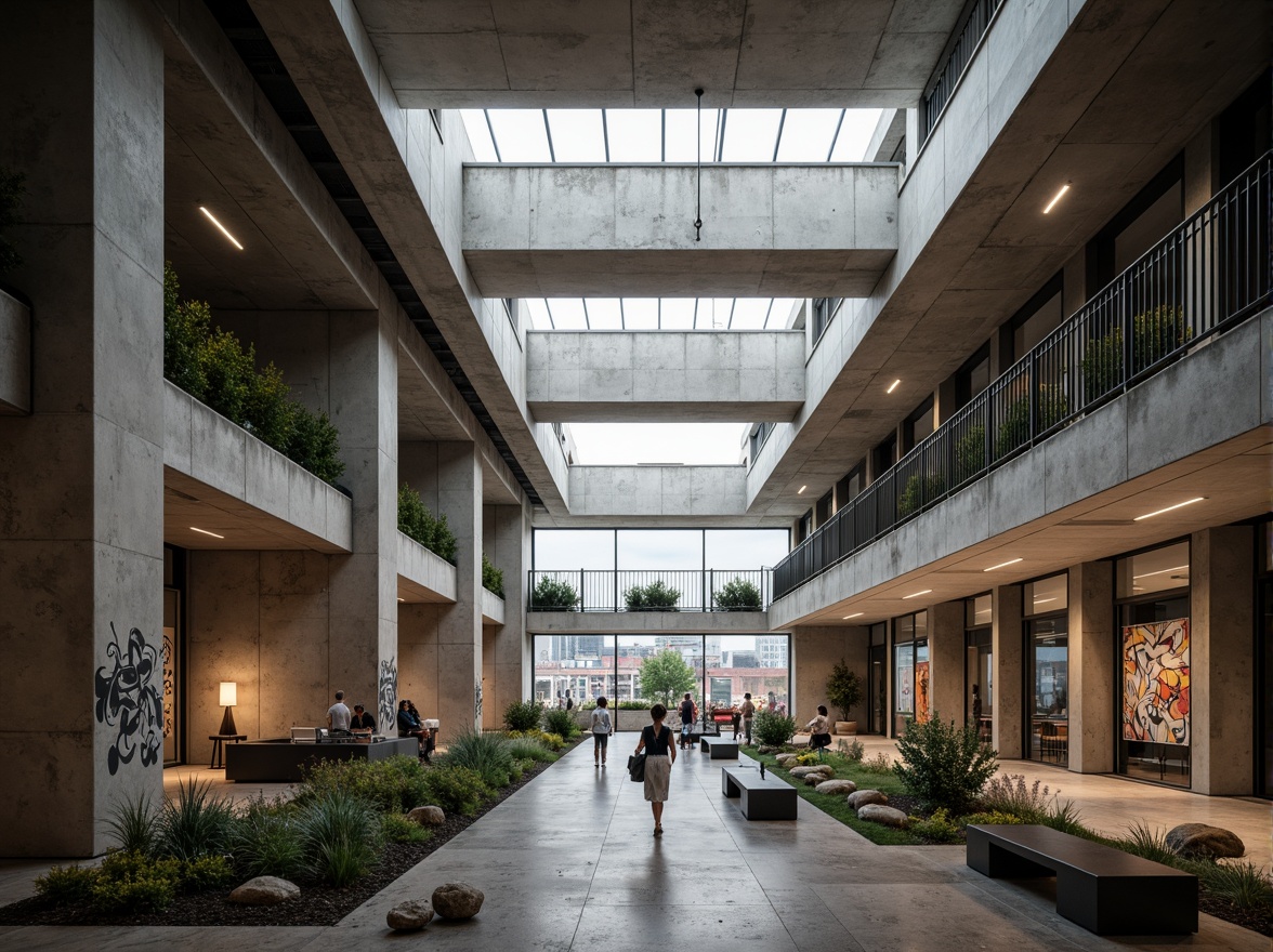 Prompt: Rugged community center, brutalist architecture, raw concrete walls, exposed ductwork, industrial metal beams, natural light pouring in, large skylights, clerestory windows, urban landscape views, gritty cityscape, overcast sky, soft diffused lighting, high contrast shadows, dramatic architectural forms, bold geometric shapes, functional minimalism, communal gathering spaces, reclaimed wood accents, weathered steel features, abstract graffiti art, moody atmospheric tones, cinematic composition, realistic textures, ambient occlusion.