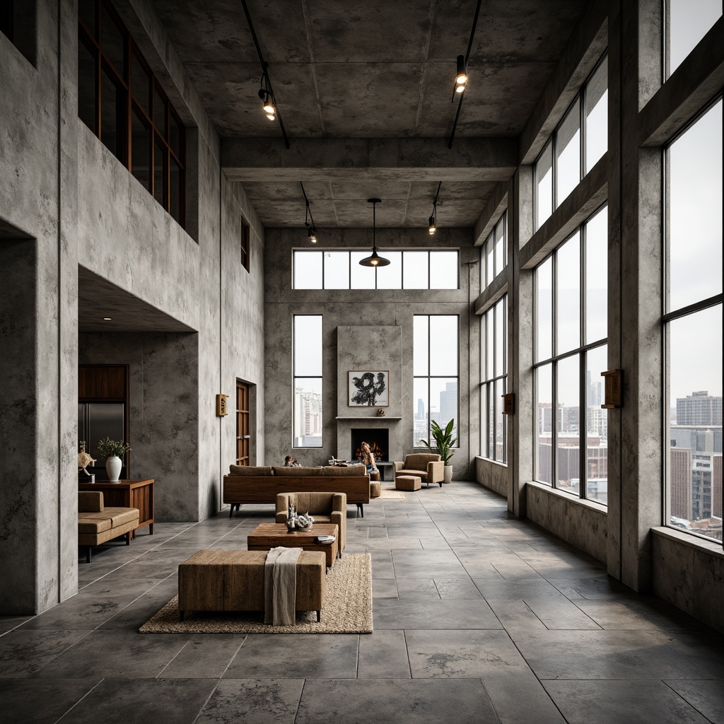 Prompt: Exposed concrete walls, rugged stone floors, industrial metal beams, raw wooden accents, minimalist decor, brutalist architectural style, urban loft atmosphere, high ceilings, large windows, natural light, cityscape views, functional simplicity, monochromatic color scheme, distressed textures, rough-hewn wood furniture, steel lighting fixtures, industrial-style pipes, concrete columns, brutalist-inspired sculptures, abstract artwork, moody ambient lighting, shallow depth of field, 2/3 composition, cinematic framing.