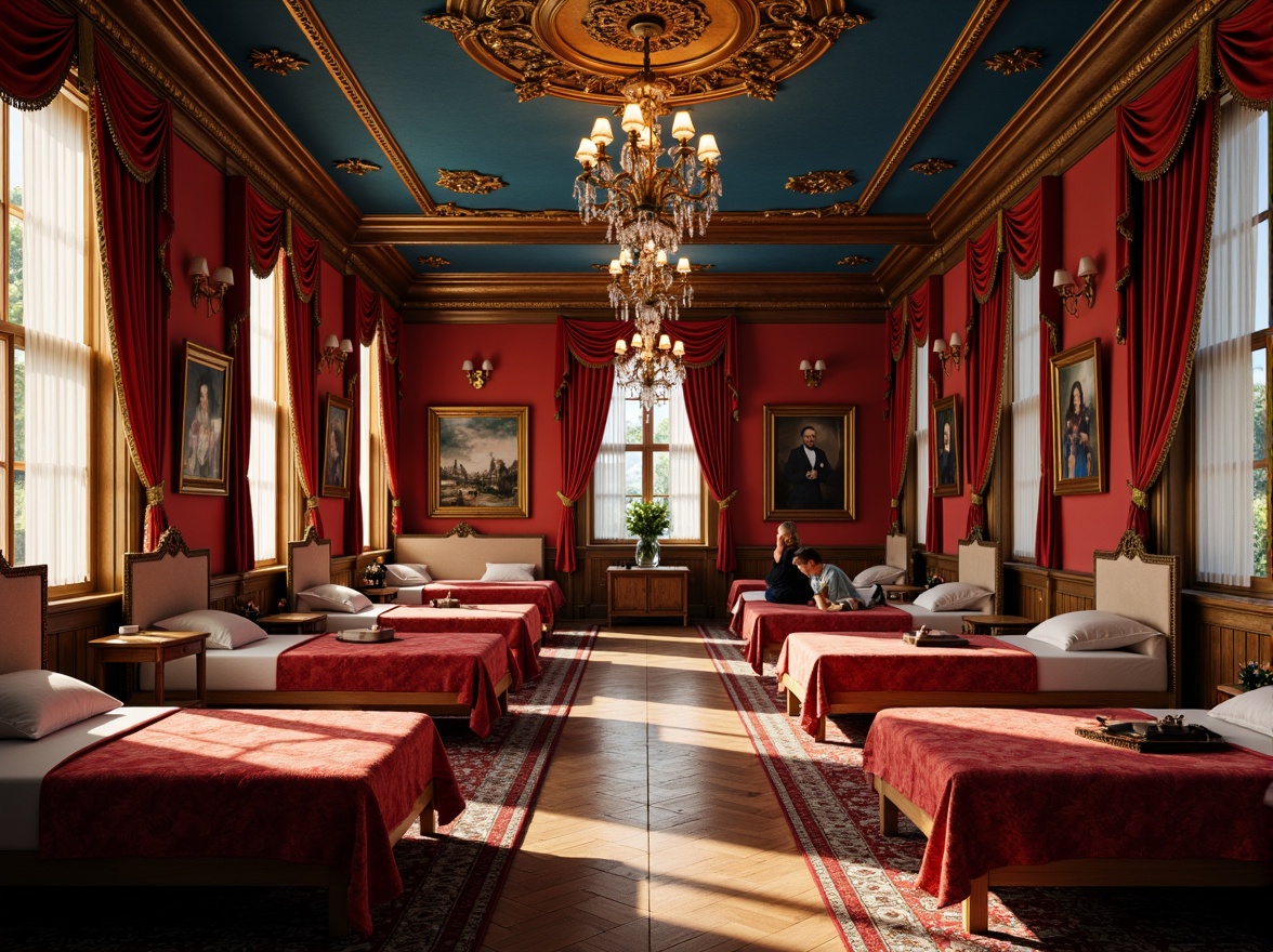 Prompt: Luxurious baroque dormitory, rich velvet fabrics, ornate gold accents, lavish crystal chandeliers, intricate wooden carvings, bold red walls, deep blue ceilings, warm golden lighting, soft focus, shallow depth of field, 1/1 composition, dramatic shadows, realistic textures, ambient occlusion.