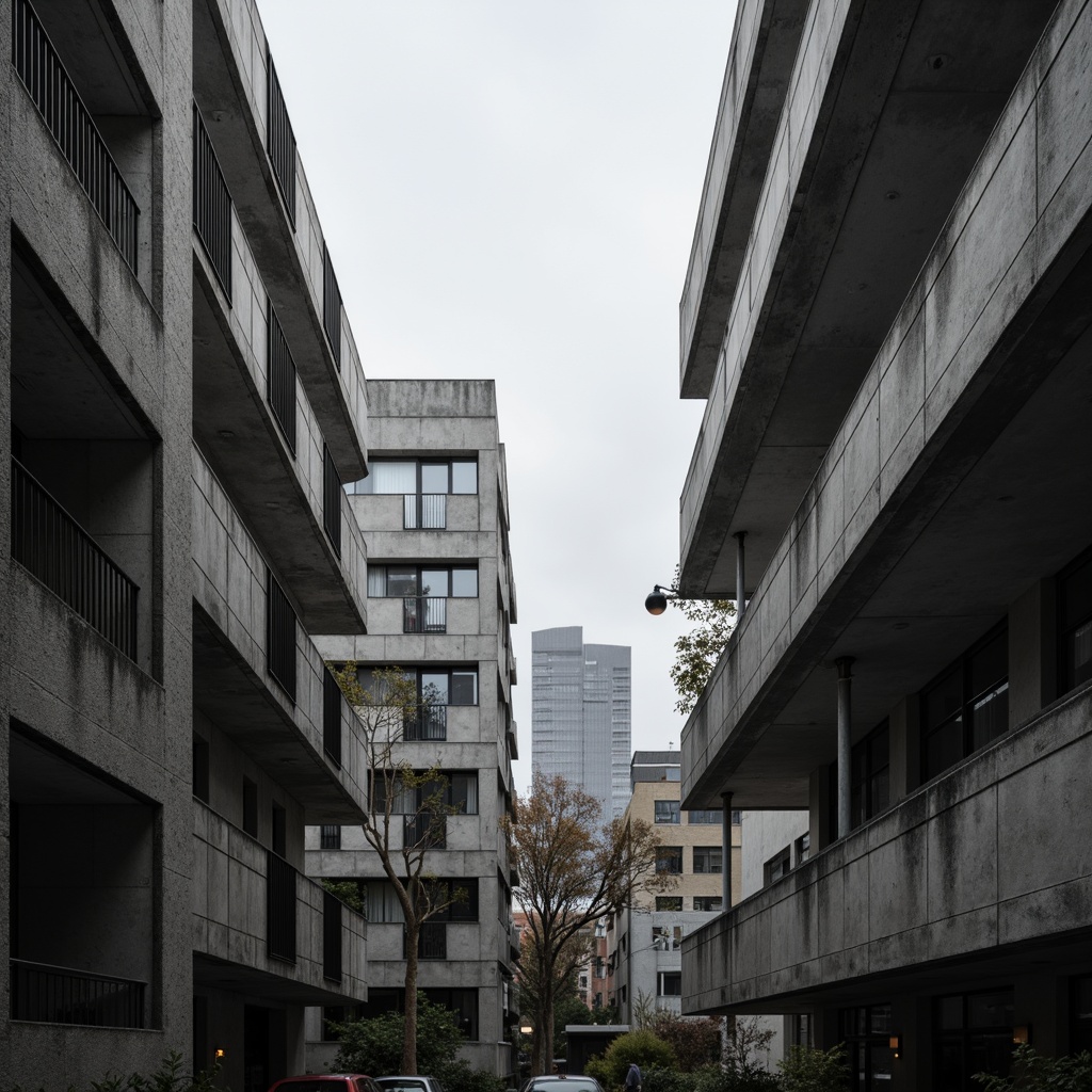 Prompt: Exposed concrete walls, rugged textures, industrial pipes, raw steel beams, minimalist balconies, brutalist architecture, urban cityscape, gloomy overcast sky, dramatic shadows, high-contrast lighting, bold geometric forms, functional simplicity, distressed finishes, poured-in-place concrete, cold monochromatic color palette, 1/1 composition, low-angle shot, cinematic atmosphere, gritty realistic textures.