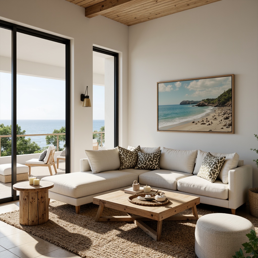 Prompt: Coastal living room, ocean-inspired color palette, driftwood accents, natural textiles, woven sea grass rugs, shell-adorned decorative pieces, floor-to-ceiling windows, sliding glass doors, beachy vibe, soft warm lighting, 1/1 composition, shallow depth of field, realistic wood textures, ambient occlusion, modern minimalist furniture, plush sectional sofas, reclaimed wood coffee tables, nautical-themed artwork, coral-patterned throw pillows, sea salt-scented candles, calming atmosphere.