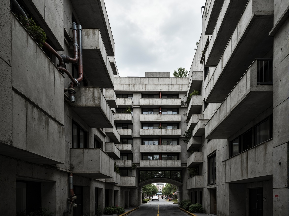 Prompt: Exposed concrete walls, rugged textures, industrial pipes, raw steel beams, minimalist balconies, brutalist architecture, urban cityscape, gloomy overcast sky, dramatic shadows, high-contrast lighting, bold geometric forms, functional simplicity, distressed finishes, poured-in-place concrete, cold monochromatic color palette, 1/1 composition, low-angle shot, cinematic atmosphere, gritty realistic textures.