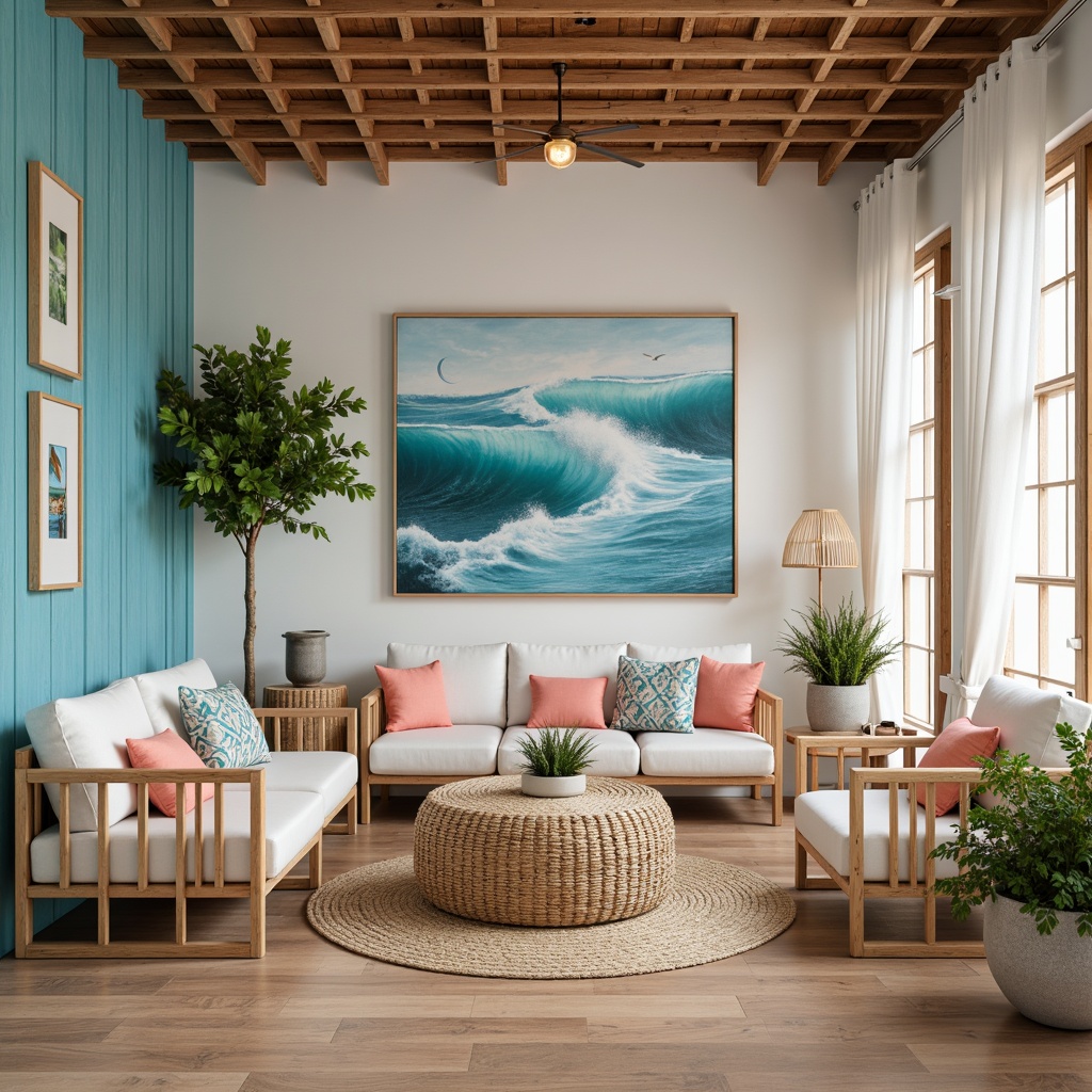 Prompt: Vibrant beach hostel, ocean-inspired color scheme, calming blues, soothing whites, warm sandy neutrals, coral pink accents, natural wood textures, woven rattan furniture, nautical rope details, driftwood decorations, seaside-inspired artwork, refreshing coastal atmosphere, soft warm lighting, shallow depth of field, 1/1 composition, realistic textures, ambient occlusion.