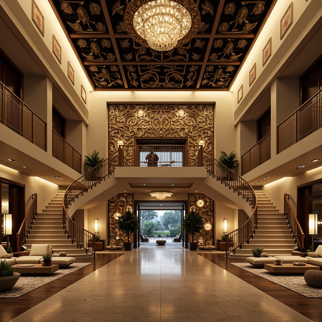 Prompt: Luxurious villa, symmetrical facade, geometric patterns, ornate metalwork, lavish decorations, opulent furnishings, grand entrance, sweeping staircases, elegant chandeliers, rich textiles, bold color schemes, metallic accents, sleek lines, minimalist ornamentation, refined proportions, balanced composition, central axis, radial symmetry, 1/1 aspect ratio, low-angle shot, warm golden lighting, soft focus, subtle shadows.