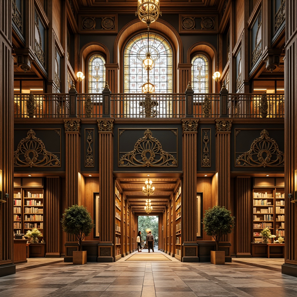 Prompt: Grand library facade, ornate Art Deco details, geometric patterns, metallic accents, grand entrance, symmetrical composition, vertical lines, luxurious materials, marble columns, bronze doors, stained glass windows, intricate moldings, ornamental railings, lavish chandeliers, warm golden lighting, shallow depth of field, 1/2 composition, realistic textures, ambient occlusion.