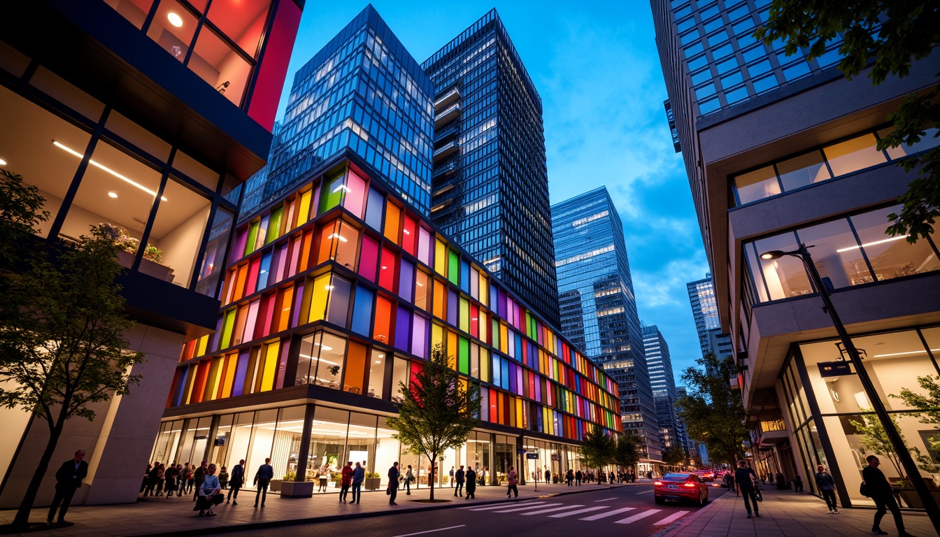 Prompt: Vibrant cityscape, modern skyscrapers, bold color blocking, contrasting hues, neon lights, urban atmosphere, bustling streets, pedestrian walkways, dynamic architecture, geometric patterns, metallic accents, glass facades, reflective surfaces, warm ambient lighting, shallow depth of field, 1/1 composition, realistic textures, ambient occlusion.