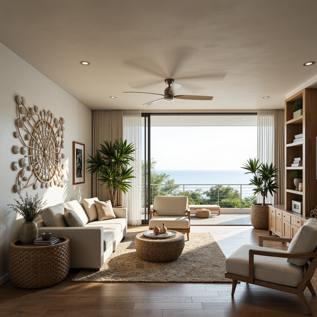 Prompt: Coastal living room, ocean-inspired color palette, driftwood accents, natural textiles, woven sea grass furniture, coral-patterned rugs, shell-adorned decorative walls, floor-to-ceiling windows, sliding glass doors, panoramic ocean views, soft warm lighting, beachy ambiance, minimalist decor, nautical-themed accessories, distressed wood flooring, plush sectional sofas, built-in shelving units, tropical plants, calming atmosphere, 1/1 composition, realistic reflections, ambient occlusion.