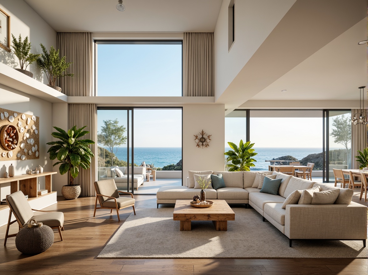 Prompt: Coastal living room, ocean-inspired color palette, driftwood accents, natural textiles, woven sea grass furniture, coral-patterned rugs, shell-adorned decorative walls, floor-to-ceiling windows, sliding glass doors, panoramic ocean views, soft warm lighting, beachy ambiance, minimalist decor, nautical-themed accessories, distressed wood flooring, plush sectional sofas, built-in shelving units, tropical plants, calming atmosphere, 1/1 composition, realistic reflections, ambient occlusion.