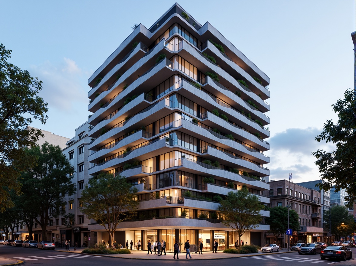 Prompt: Geometric hotel facade, asymmetrical composition, rectangular forms, industrial materials, raw concrete walls, steel beams, minimalist decor, functional simplicity, bold color accents, abstract patterns, grid-like structures, cantilevered balconies, floor-to-ceiling windows, transparent glass railings, urban cityscape, busy streets, modern metropolitan atmosphere, warm evening lighting, shallow depth of field, 2/3 composition, realistic textures, ambient occlusion.