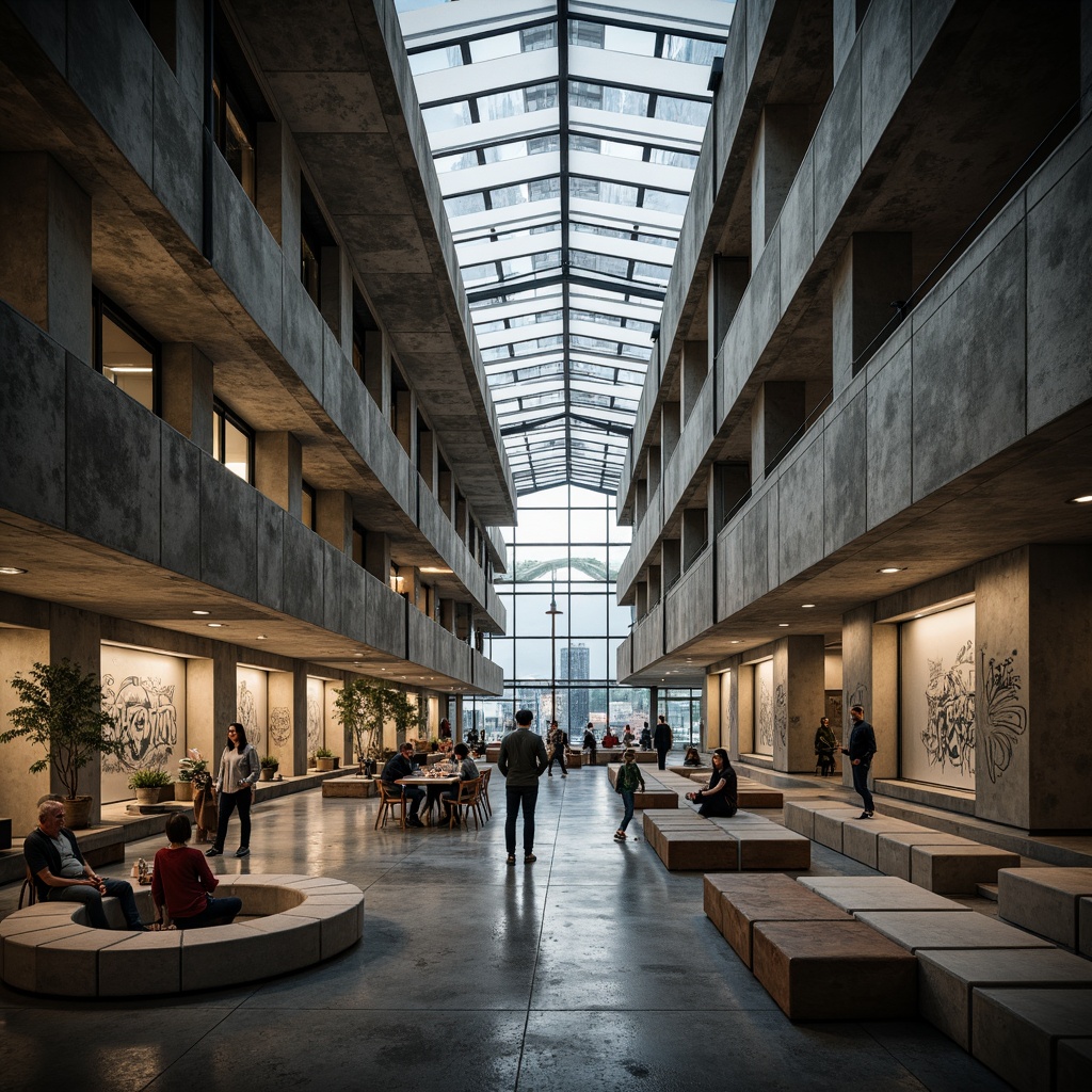 Prompt: Rugged community center, brutalist architecture, raw concrete walls, exposed ductwork, industrial metal beams, natural light pouring in, large skylights, clerestory windows, urban landscape views, gritty cityscape, overcast sky, soft diffused lighting, high contrast shadows, dramatic architectural forms, bold geometric shapes, functional minimalism, communal gathering spaces, reclaimed wood accents, weathered steel features, abstract graffiti art, moody atmospheric tones, cinematic composition, realistic textures, ambient occlusion.