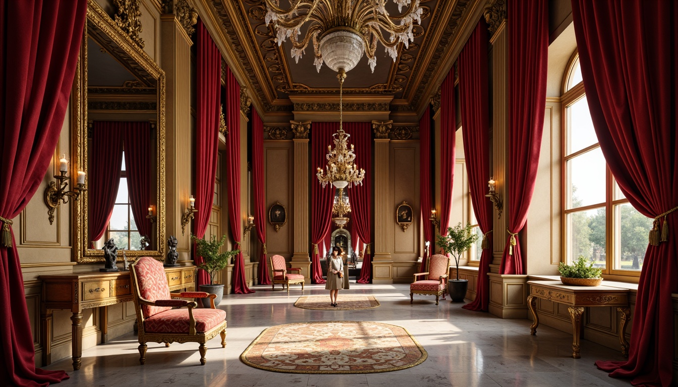 Prompt: Opulent palace interior, rich velvet drapes, gilded ornate mirrors, intricate marble flooring, lavish chandeliers, warm golden lighting, soft focus, shallow depth of field, 1/1 composition, dramatic shadows, luxurious fabrics, jewel-toned accents, regal crimson reds, majestic blues, ornate gold leafing, subtle texture overlays, realistic reflections.