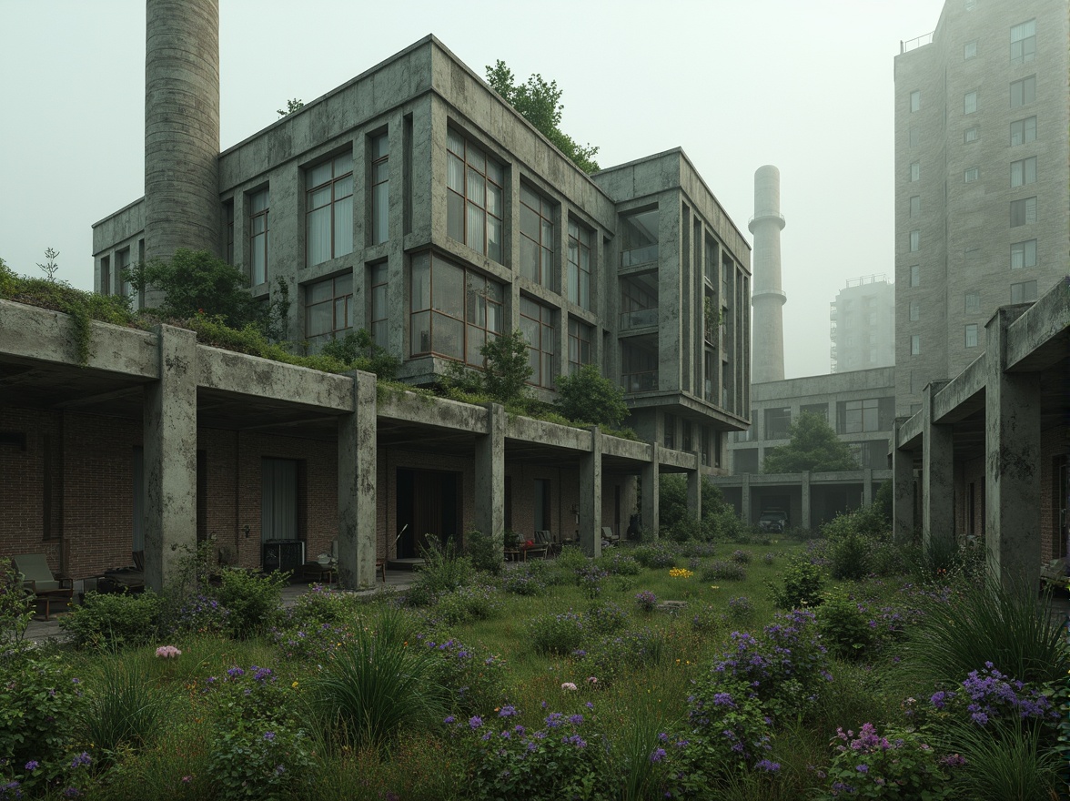 Prompt: Rugged brutalist architecture, raw concrete textures, fortress-like structures, overgrown vegetation, wildflowers, moss-covered walls, industrial landscapes, abandoned factories, crumbling brick facades, distressed metal accents, urban decay, post-apocalyptic atmosphere, dramatic lighting, low-angle shots, cinematic composition, gritty realistic renderings, atmospheric fog effects, misty mornings, eerie silence.