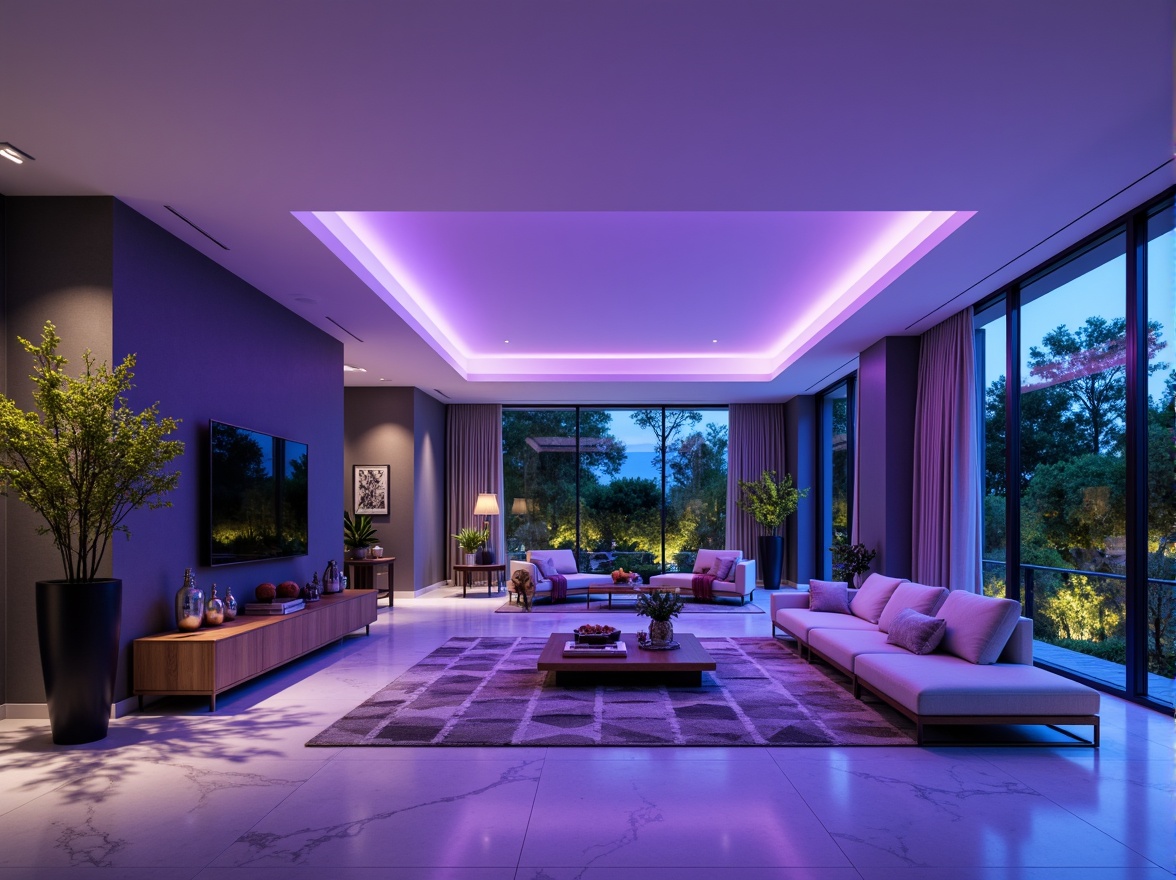 Prompt: Calming atmosphere, soothing blue hues, rich violet accents, modern interior design, spacious open-plan living area, sleek minimalist furniture, polished marble floors, geometric patterned rugs, floor-to-ceiling windows, abundant natural light, soft warm glow, 1/1 composition, shallow depth of field, realistic textures, ambient occlusion.