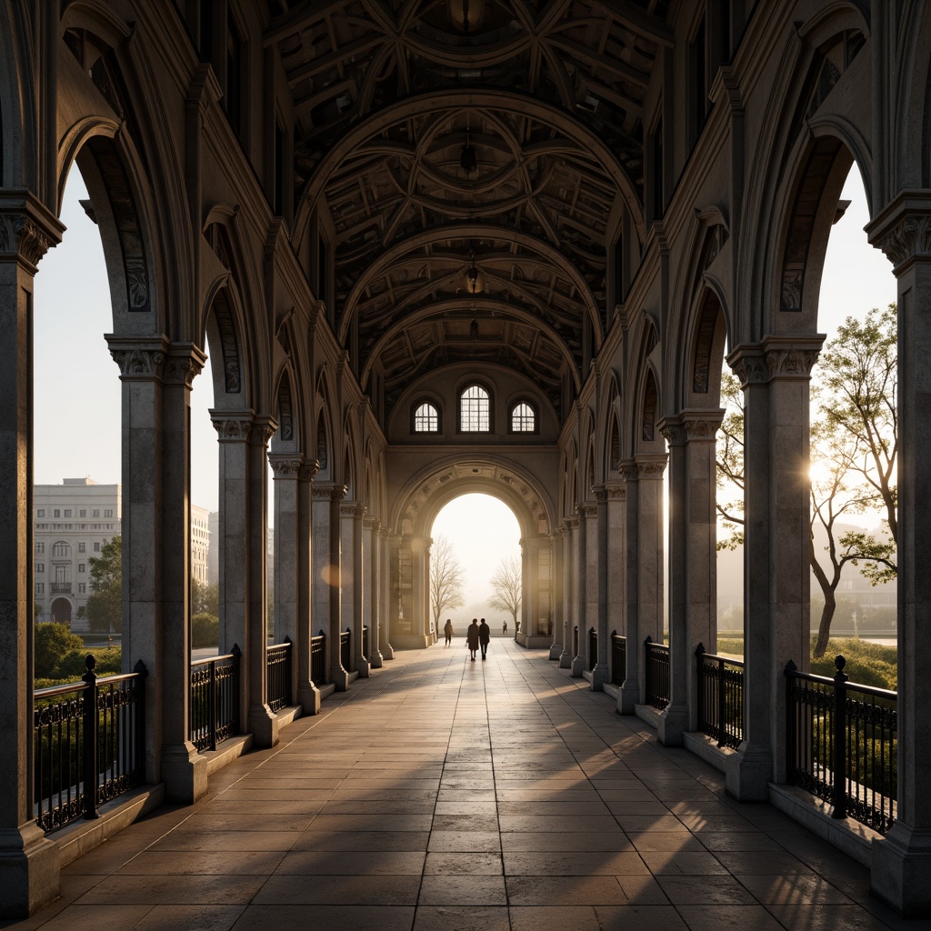 Prompt: Grand pedestrian bridge, Gothic archways, ornate stone carvings, ribbed vaults, pointed arches, flying buttresses, intricate tracery, stained glass windows, mystical ambiance, misty morning light, soft warm glow, shallow depth of field, 1/2 composition, symmetrical framing, realistic textures, ambient occlusion.