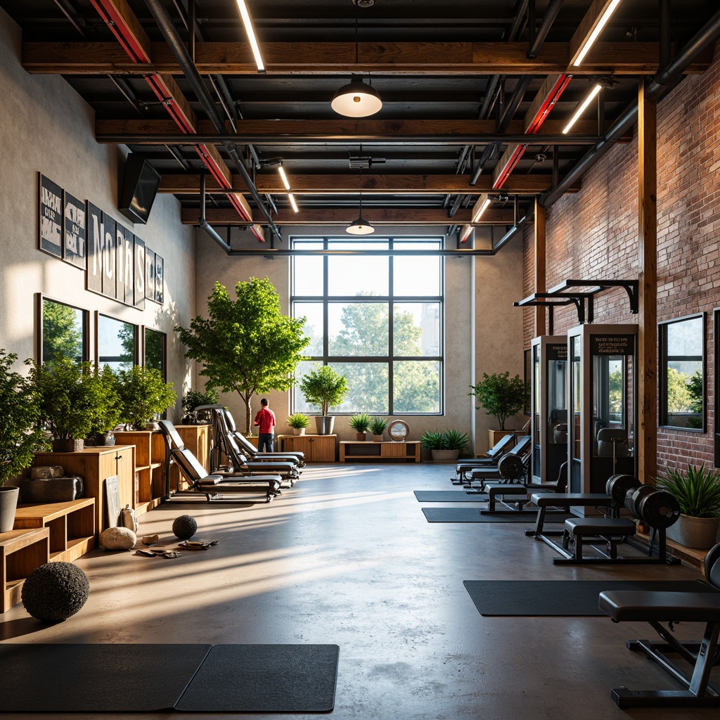 Prompt: Vibrant metabolism-inspired gymnasium, natural light pouring in, industrial-style metal beams, reclaimed wood accents, exposed brick walls, modern fitness equipment, free weights, exercise machines, mirrored walls, motivational quotes, greenery-filled planters, minimalist decor, high ceilings, large windows, soft warm lighting, shallow depth of field, 3/4 composition, panoramic view, realistic textures, ambient occlusion.