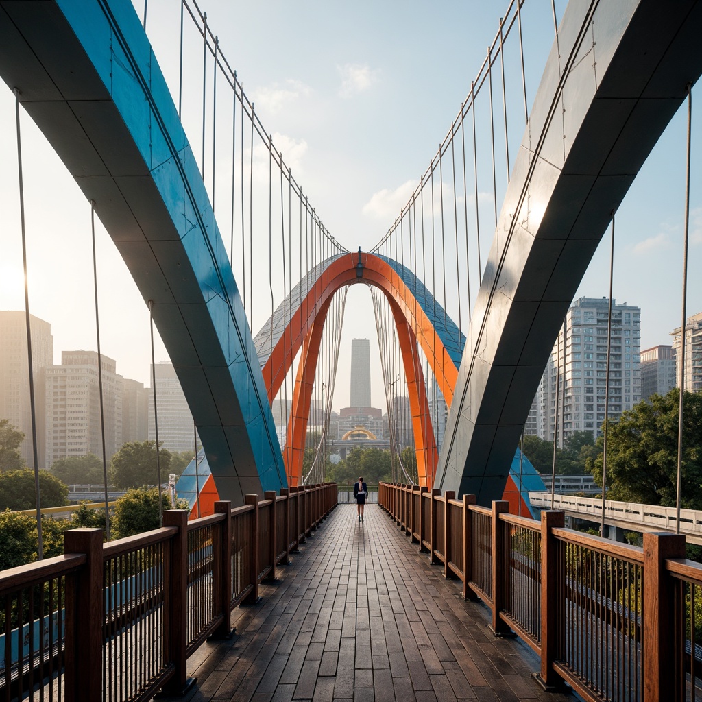 Prompt: Vibrant fusion architecture, curved bridge structures, steel beams, suspension cables, modern urban landscape, city skyline, misty morning atmosphere, soft warm lighting, shallow depth of field, 3/4 composition, panoramic view, realistic textures, ambient occlusion, bold color palette, bright blue accents, deep orange hues, metallic silver tones, rich brown wood textures, sleek glass railings, intricate metal latticework.