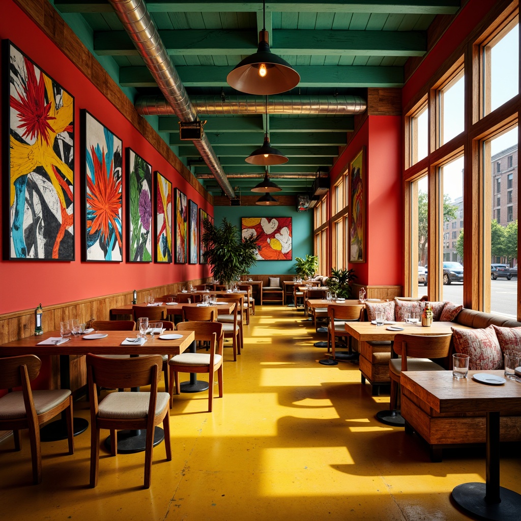 Prompt: Vibrant restaurant interior, expressionist art style, bold color palette, warm golden lighting, rich wood accents, eclectic furniture, abstract artwork, geometric patterns, bright coral walls, deep turquoise ceilings, sunny yellow floors, distressed metal decorations, reclaimed wood textures, industrial chic atmosphere, dramatic shadows, high contrast ratio, 1/2 composition, cinematic lighting, realistic reflections.