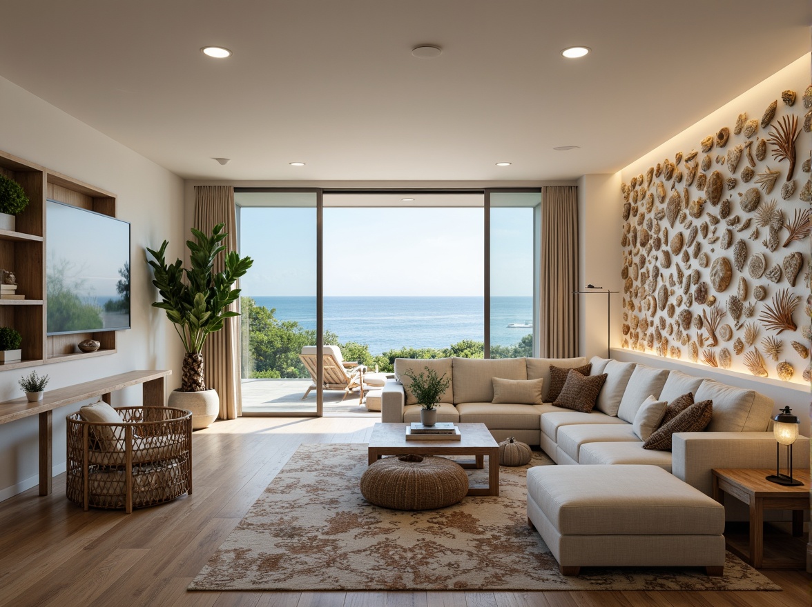 Prompt: Coastal living room, ocean-inspired color palette, driftwood accents, natural textiles, woven sea grass furniture, coral-patterned rugs, shell-adorned decorative walls, floor-to-ceiling windows, sliding glass doors, panoramic ocean views, soft warm lighting, beachy ambiance, minimalist decor, nautical-themed accessories, distressed wood flooring, plush sectional sofas, built-in shelving units, tropical plants, calming atmosphere, 1/1 composition, realistic reflections, ambient occlusion.