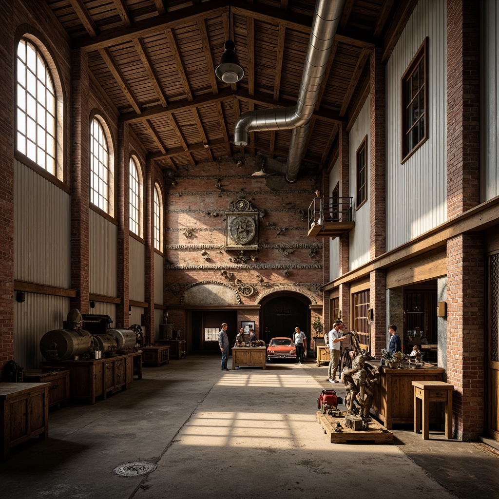 Prompt: Rustic industrial factory, Romanesque fa\u00e7ade, arched windows, ornate stone carvings, distressed brick walls, metal cladding, corrugated roofing, vintage machinery, exposed ductwork, reclaimed wood accents, earthy color palette, warm golden lighting, dramatic shadows, 1/2 composition, low-angle shot, cinematic atmosphere, realistic weathering effects.