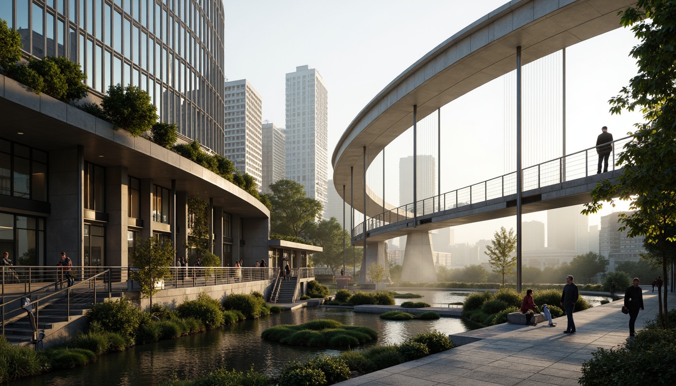 Prompt: Curved bridge silhouette, lush greenery integration, natural stone foundations, steel arches, suspension cables, urban cityscape, misty morning atmosphere, soft warm lighting, shallow depth of field, 3/4 composition, panoramic view, realistic textures, ambient occlusion, fusion architecture style, modern minimalist design, sleek metal railings, glass pedestrian walkways, vibrant colorful street art, intricate geometric patterns, water features, reflection pools, urban furniture, dynamic city life.