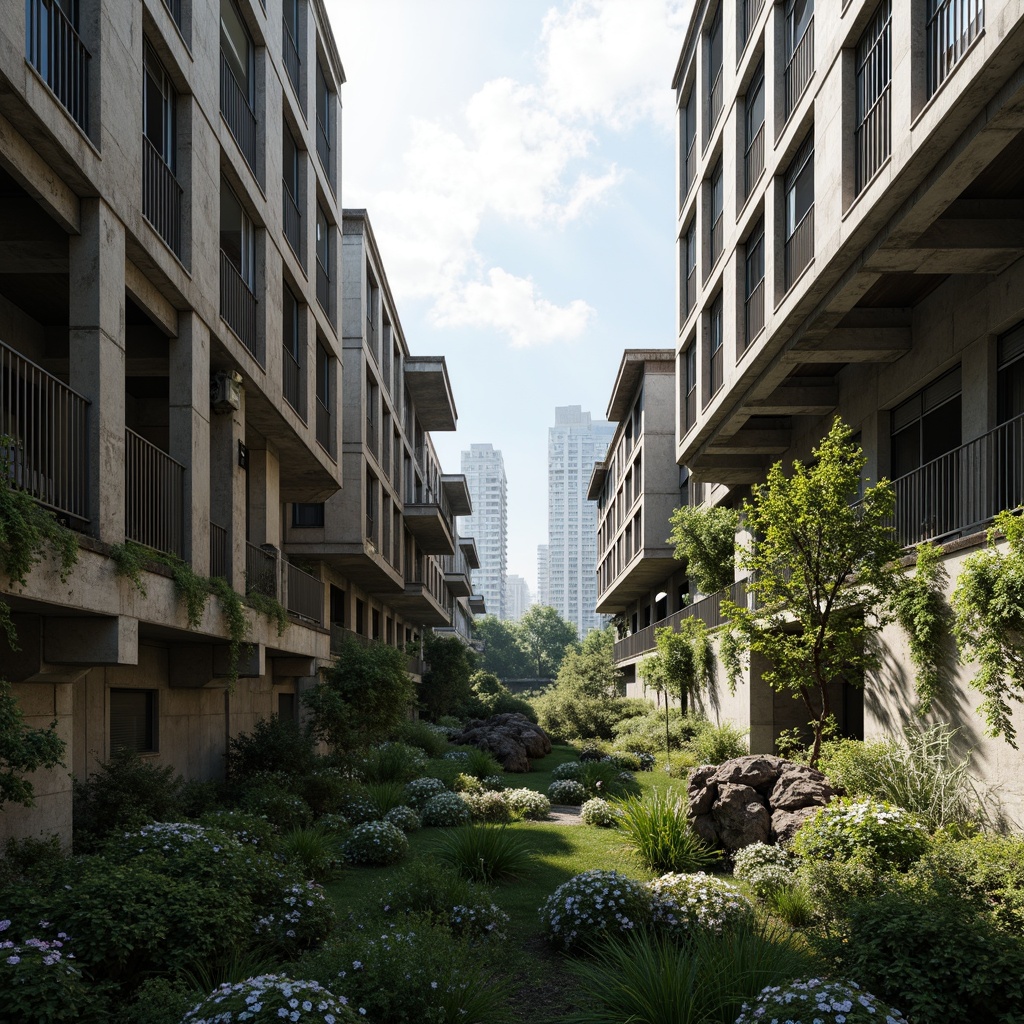 Prompt: Rugged brutalist buildings, raw concrete textures, fortress-like structures, overgrown vegetation, wildflowers, moss-covered walls, weathered steel beams, industrial materials, urban landscape integration, cityscape views, elevated walkways, cantilevered sections, dramatic shadows, harsh natural light, 1/1 composition, symmetrical framing, high-contrast lighting, gritty realistic textures, ambient occlusion.