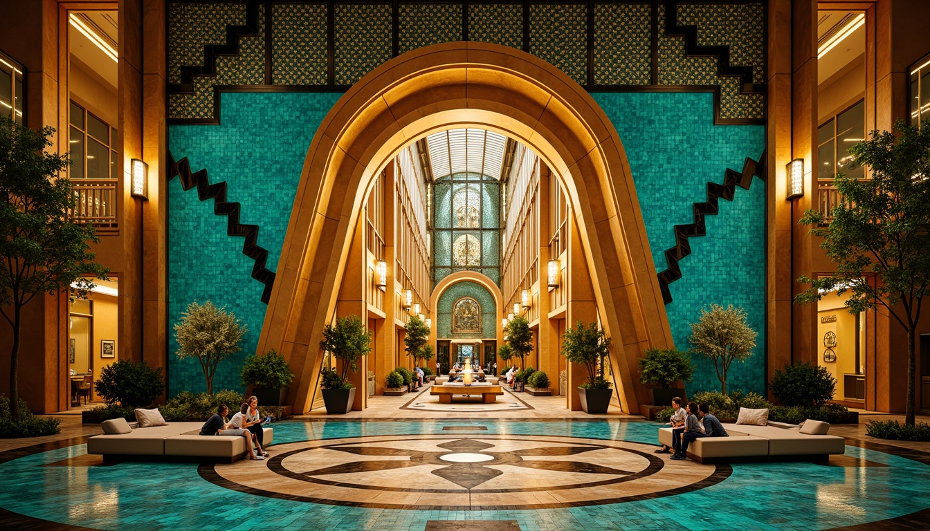 Prompt: Opulent Art Deco monument, lavish golden accents, rich bronze tones, vibrant turquoise mosaics, geometric patterns, ornate metalwork, luxurious marble surfaces, bold black outlines, stylized floral motifs, sunburst designs, zigzag patterns, metallic sheen, warm ambient lighting, shallow depth of field, 1/1 composition, symmetrical framing, high-contrast colors, intricate textures, realistic reflections.