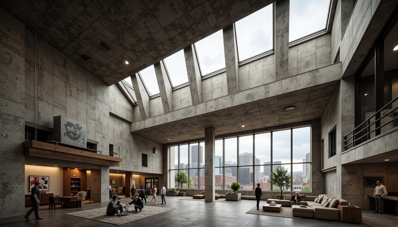 Prompt: Rugged community center, brutalist architecture, raw concrete walls, exposed ductwork, industrial metal beams, natural light pouring in, large skylights, clerestory windows, urban landscape views, gritty cityscape, overcast sky, soft diffused lighting, high contrast shadows, dramatic architectural forms, bold geometric shapes, functional minimalism, communal gathering spaces, reclaimed wood accents, weathered steel features, abstract graffiti art, moody atmospheric tones, cinematic composition, realistic textures, ambient occlusion.