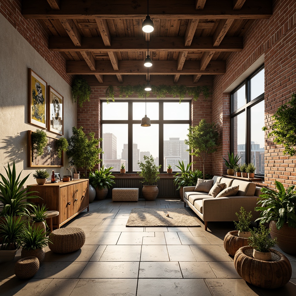 Prompt: Exposed brick walls, reclaimed wood accents, industrial metal beams, vintage decorative items, lush greenery, potted plants, natural textiles, earthy color palette, soft warm lighting, cozy atmosphere, eco-friendly materials, solar panels, rainwater harvesting systems, living roofs, green walls, minimalist decor, open-plan layout, high ceilings, large windows, cityscape views, urban landscape, morning sunlight, shallow depth of field, 3/4 composition, realistic textures, ambient occlusion.