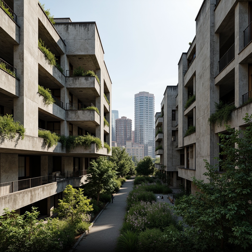 Prompt: Rugged brutalist buildings, raw concrete textures, fortress-like structures, overgrown vegetation, wildflowers, moss-covered walls, weathered steel beams, industrial materials, urban landscape integration, cityscape views, elevated walkways, cantilevered sections, dramatic shadows, harsh natural light, 1/1 composition, symmetrical framing, high-contrast lighting, gritty realistic textures, ambient occlusion.