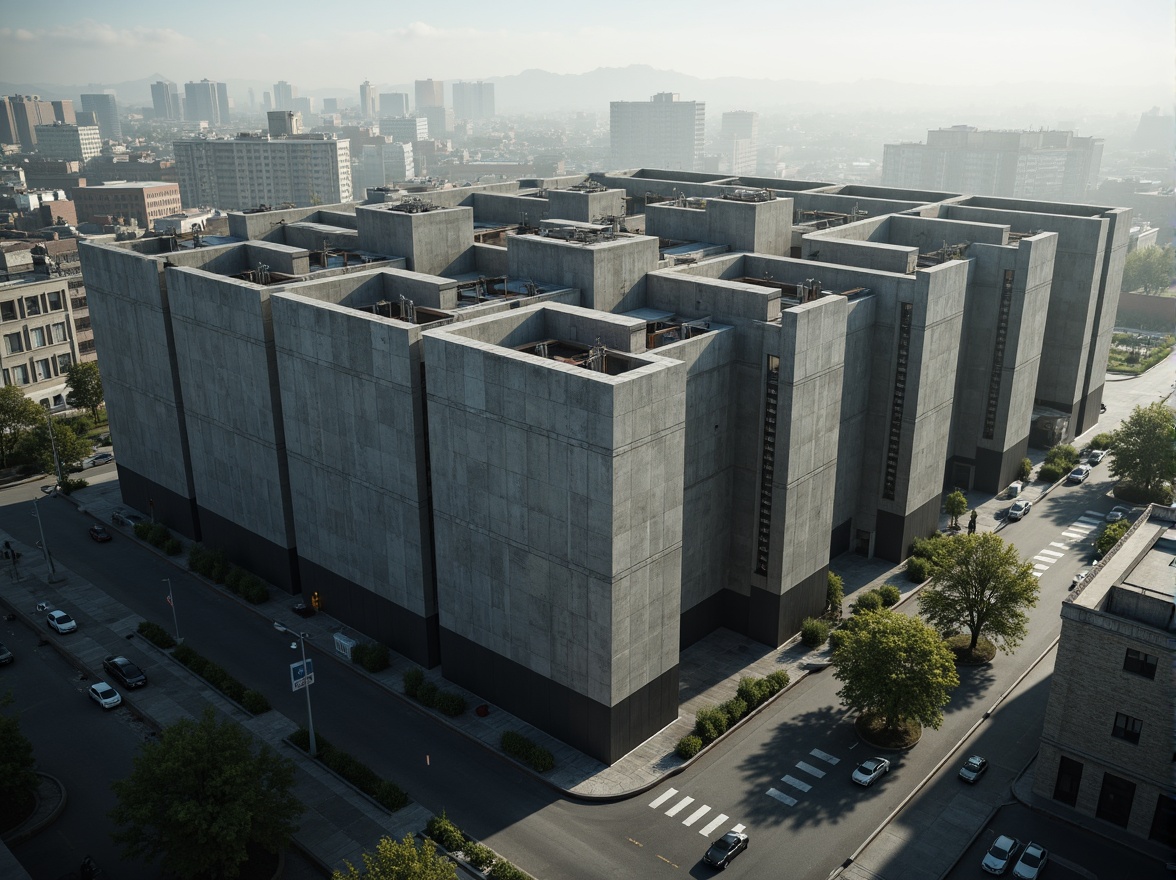 Prompt: Massive distribution center, brutalist architecture, rugged concrete walls, fortress-like structures, angular forms, geometric patterns, industrial materials, exposed ductwork, metallic beams, raw textures, urban landscape, busy streets, cityscape backdrop, dramatic lighting, high contrast shadows, cinematic composition, 1/2 framing, atmospheric fog, realistic rendering.