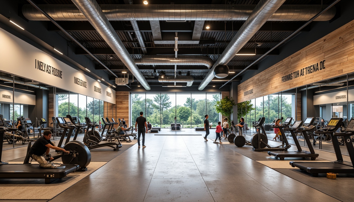 Prompt: Modern fitness center, industrial chic aesthetic, exposed ductwork, polished concrete floors, reclaimed wood accents, minimalist decor, motivational quotes, state-of-the-art equipment, mirrored walls, rubber flooring, sound-absorbing panels, natural ventilation systems, abundant daylight, high ceilings, sleek metal beams, dynamic color schemes, energetic atmosphere, shallow depth of field, 1/1 composition, realistic textures, ambient occlusion.