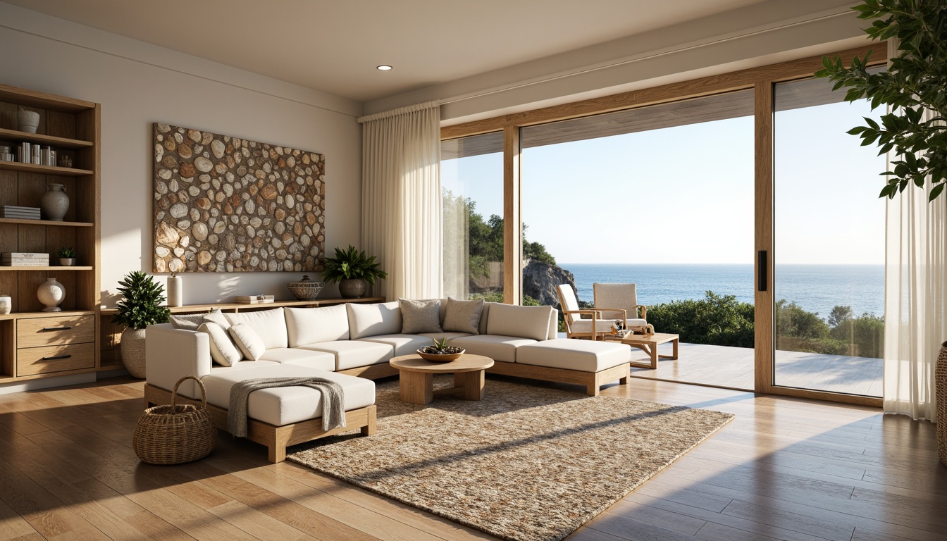 Prompt: Coastal living room, ocean-inspired color palette, driftwood accents, natural textiles, woven sea grass furniture, coral-patterned rugs, shell-adorned decorative walls, floor-to-ceiling windows, sliding glass doors, panoramic ocean views, soft warm lighting, beachy ambiance, minimalist decor, nautical-themed accessories, distressed wood flooring, plush sectional sofas, built-in shelving units, tropical plants, calming atmosphere, 1/1 composition, realistic reflections, ambient occlusion.