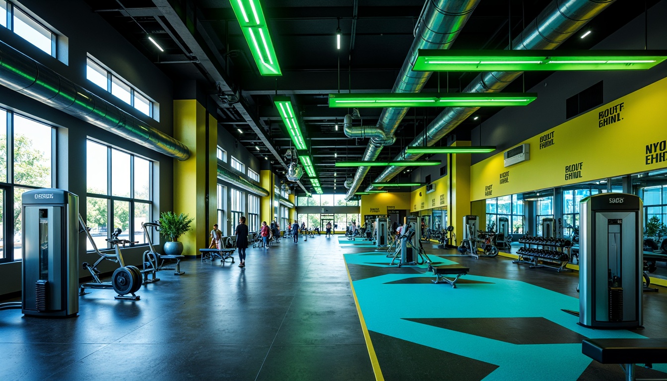 Prompt: Vibrant gym interior, bold color scheme, energetic atmosphere, neon green accents, deep blue tones, metallic silver equipment, industrial concrete floors, exposed ductwork ceilings, modern LED lighting, dynamic shadows, high-contrast textures, abstract geometric patterns, motivational quotes, futuristic architecture, sleek lines, minimalist design, state-of-the-art fitness machines, free weights area, mirrored walls, rubber flooring, athletic tracks, panoramic windows, natural daylight, soft warm glow, shallow depth of field, 3/4 composition.