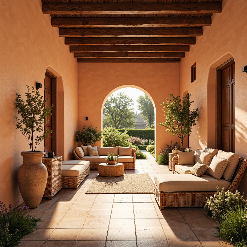 Prompt: Warm apricot hues, soft peach undertones, creamy beige accents, rustic terracotta walls, natural stone flooring, earthy ceramic vases, woven rattan furniture, lush greenery, blooming flowers, sunny afternoon, warm golden lighting, shallow depth of field, 3/4 composition, panoramic view, realistic textures, ambient occlusion.