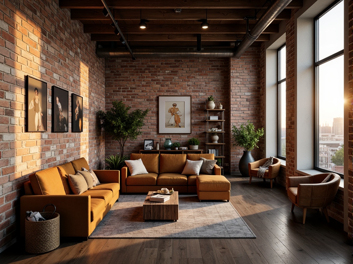 Prompt: Exposed brick walls, wooden beam ceilings, industrial metal pipes, reclaimed wood floors, vintage decorative items, soft warm lighting, cozy reading nooks, plush velvet sofas, distressed leather armchairs, eclectic art collections, floor-to-ceiling windows, cityscape views, minimalist decor, rustic-chic accents, natural textiles, earthy color palette, intimate ambiance, 1/1 composition, shallow depth of field, warm golden hour lighting, soft focus effect.