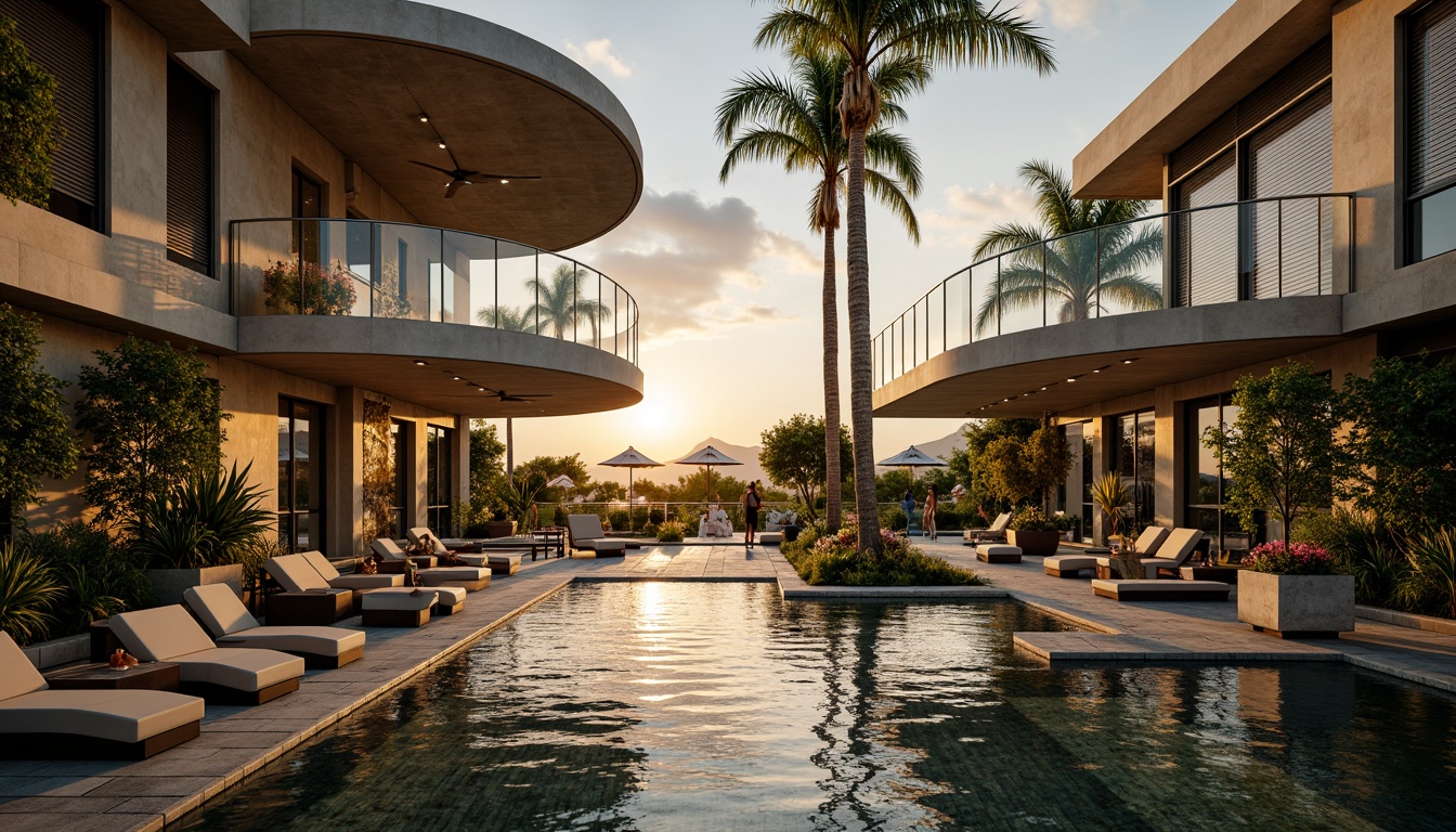 Prompt: Luxurious villa, Art Deco style, ornate metalwork, curved lines, geometric patterns, lavish furnishings, plush outdoor seating, vibrant tropical plants, exotic flowers, tranquil water features, sparkling fountains, warm golden lighting, soft evening ambiance, shallow depth of field, 1/1 composition, symmetrical framing, realistic textures, ambient occlusion.