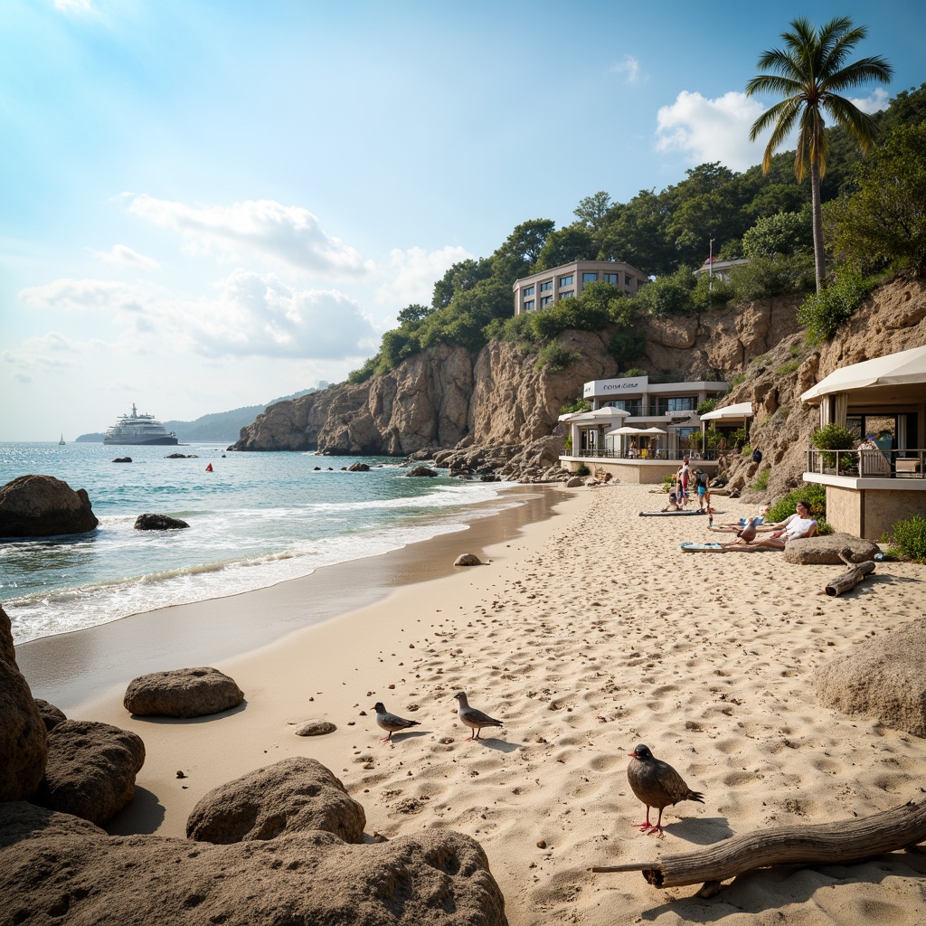 Prompt: Sandy beach, rocky shores, ocean waves, sea spray, driftwood, nautical ropes, weathered piers, coastal vegetation, salt-tolerant plants, beachside promenade, seaside restaurants, surf shacks, lifeguard towers, sailboats, yachts, seagulls, sunny day, soft warm lighting, shallow depth of field, 3/4 composition, panoramic view, realistic textures, ambient occlusion, harmonious color palette, natural material integration, sustainable design principles, eco-friendly infrastructure, resilient construction methods.