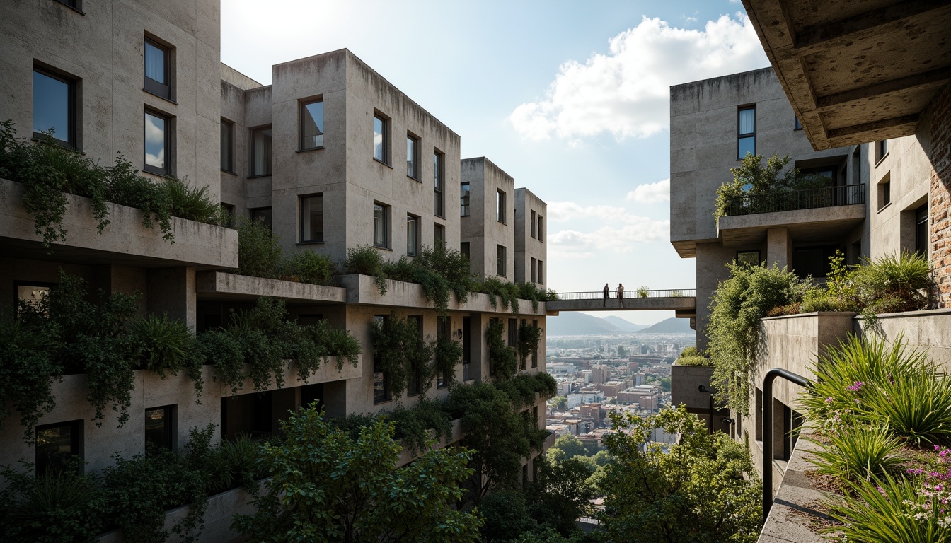 Prompt: Rugged brutalist buildings, raw concrete textures, fortress-like structures, overgrown vegetation, wildflowers, moss-covered walls, weathered steel beams, industrial materials, urban landscape integration, cityscape views, elevated walkways, cantilevered sections, dramatic shadows, harsh natural light, 1/1 composition, symmetrical framing, high-contrast lighting, gritty realistic textures, ambient occlusion.