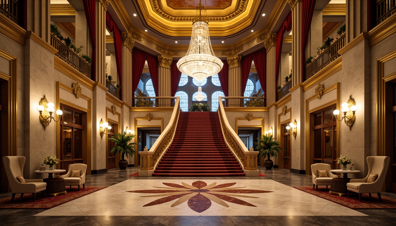 Prompt: Grandiose casino entrance, Corinthian columns, ornate capitals, lavish gold accents, intricate moldings, marble floors, crystal chandeliers, luxurious furnishings, rich velvet drapes, majestic staircases, sweeping archways, neoclassical architecture, symmetrical facade, imposing stone walls, dramatic lighting, warm golden tones, shallow depth of field, 1/1 composition, realistic textures, ambient occlusion.