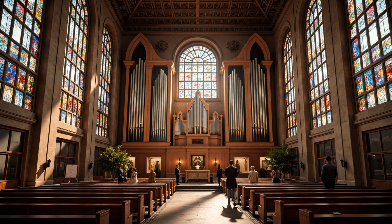 Prompt: Intricate stained glass windows, symmetrical arches, ornate vaulted ceilings, grandiose pipe organs, minimalist pews, sacred altars, geometric patterns, constructivist architecture, brutalist concrete structures, abstract sculptures, vibrant colorful mosaics, dramatic lighting effects, high contrast shadows, 1/1 composition, low-angle shot, warm golden hour lighting, realistic textures, ambient occlusion.