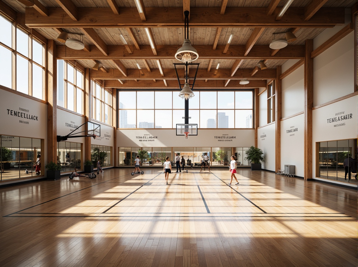 Prompt: Spacious gymnasium interior, high ceilings, natural light pouring in, polished wooden floors, athletic equipment, basketball hoops, volleyball nets, exercise machines, free weights, mirrored walls, motivational quotes, modern architecture, minimalist design, sleek lines, abundant ventilation, soft warm lighting, shallow depth of field, 3/4 composition, panoramic view, realistic textures, ambient occlusion.