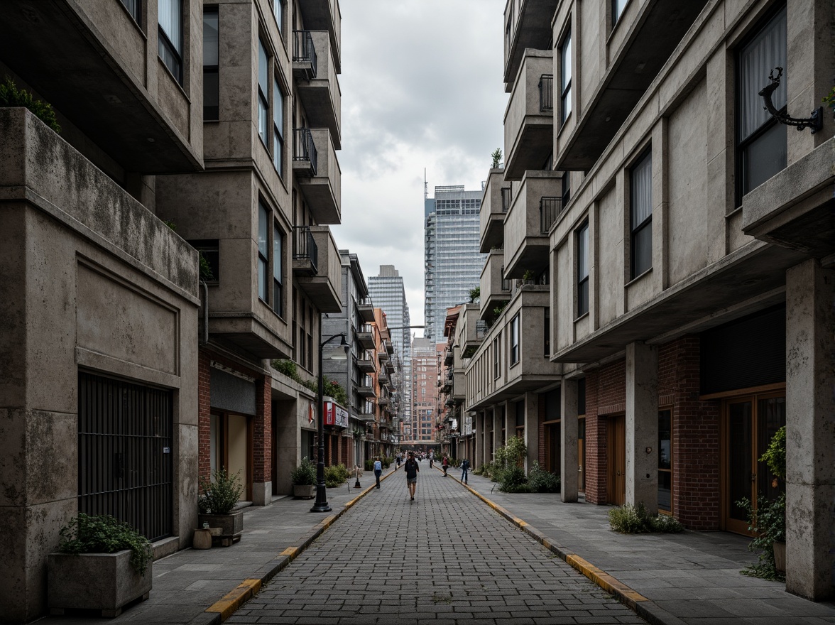 Prompt: Rough concrete walls, exposed ductwork, industrial metal beams, raw brick facades, weathered stone surfaces, distressed wood accents, brutalist monumentality, fortress-like structures, urban cityscape, overcast skies, dramatic shadows, high-contrast lighting, cinematic composition, gritty realistic textures, ambient occlusion.