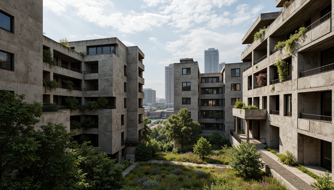 Prompt: Rugged brutalist buildings, raw concrete textures, fortress-like structures, overgrown vegetation, wildflowers, moss-covered walls, weathered steel beams, industrial materials, urban landscape integration, cityscape views, elevated walkways, cantilevered sections, dramatic shadows, harsh natural light, 1/1 composition, symmetrical framing, high-contrast colors, gritty realistic textures, ambient occlusion.