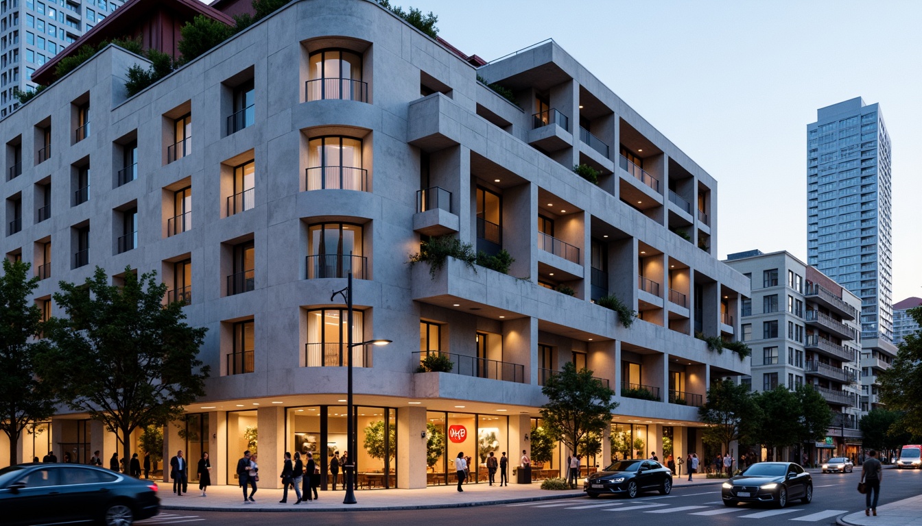 Prompt: Geometric hotel facade, asymmetrical composition, rectangular forms, industrial materials, raw concrete walls, steel beams, minimalist decor, functional simplicity, bold color accents, abstract patterns, grid-like structures, cantilevered balconies, floor-to-ceiling windows, transparent glass railings, urban cityscape, busy streets, modern metropolitan atmosphere, warm evening lighting, shallow depth of field, 2/3 composition, realistic textures, ambient occlusion.