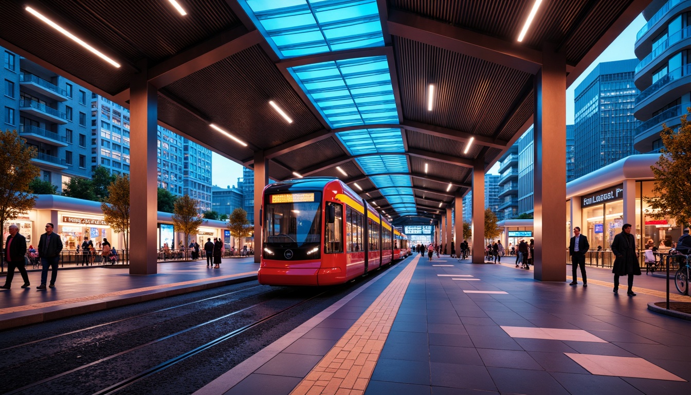 Prompt: Vibrant tram station, modern architecture, sleek metal beams, glass roofs, LED light installations, futuristic ambiance, dynamic color schemes, neon signs, urban cityscape, busy pedestrian traffic, rush hour atmosphere, soft warm lighting, shallow depth of field, 1/1 composition, realistic textures, ambient occlusion, suspended ceiling lights, linear fluorescent lamps, circular pendant lights, geometric patterned flooring, polished metal handrails, comfortable seating areas.