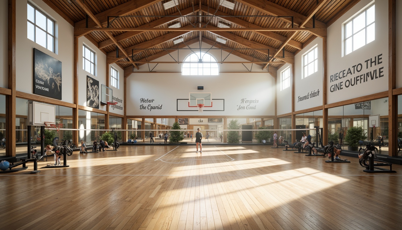 Prompt: Spacious gymnasium interior, high ceilings, natural light pouring in, polished wooden floors, athletic equipment, basketball hoops, volleyball nets, exercise machines, free weights, mirrored walls, motivational quotes, modern architecture, minimalist design, sleek lines, abundant ventilation, soft warm lighting, shallow depth of field, 3/4 composition, panoramic view, realistic textures, ambient occlusion.